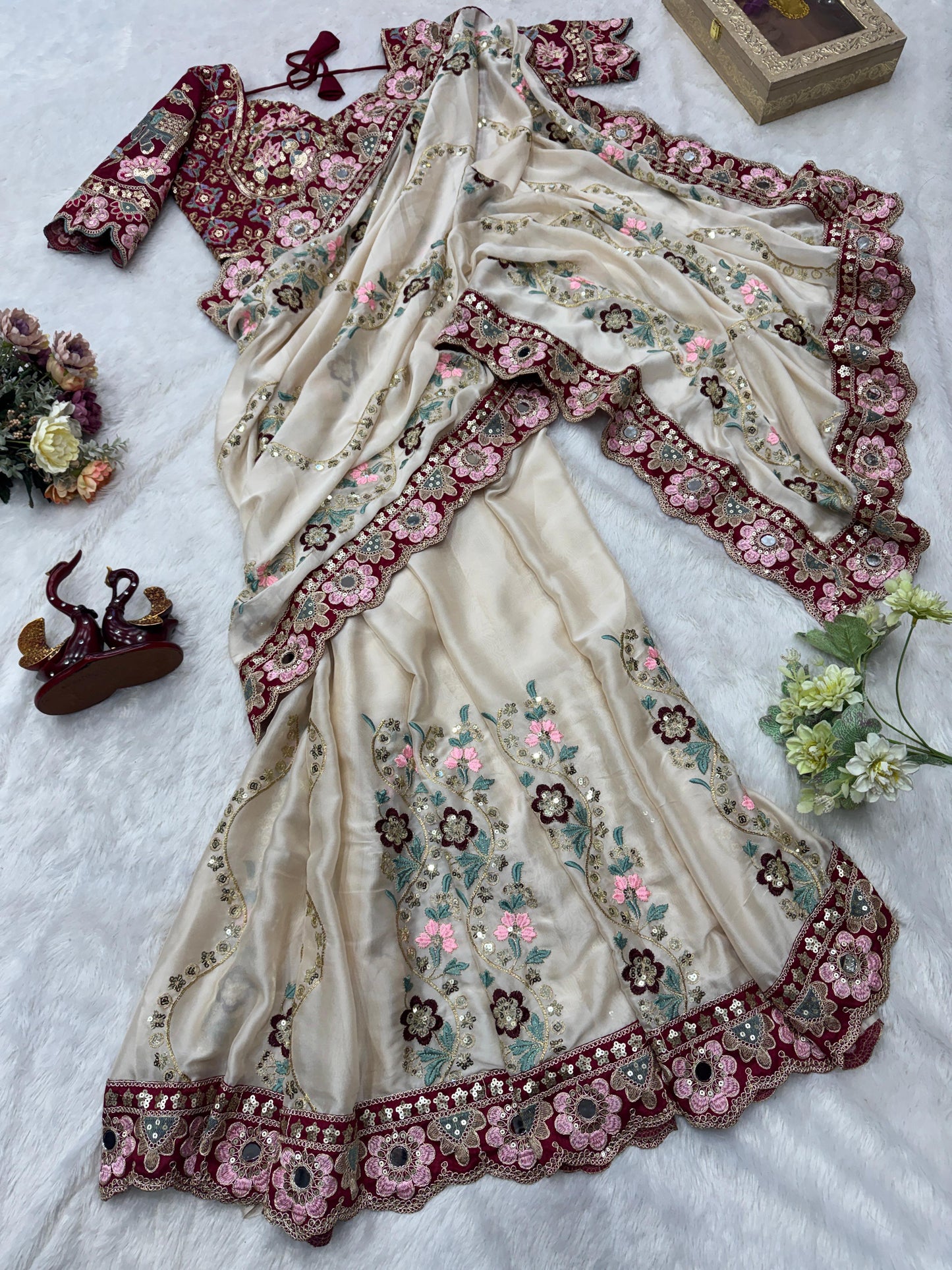 Soft Rangoli Silk Saree with Sequins, Dori & Real Mirror Work