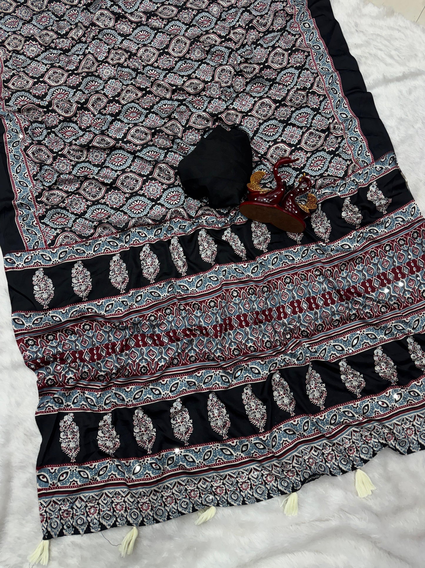 Soft Crepe Silk Saree with Beautiful Ajrakh Print & Real Mirror Work