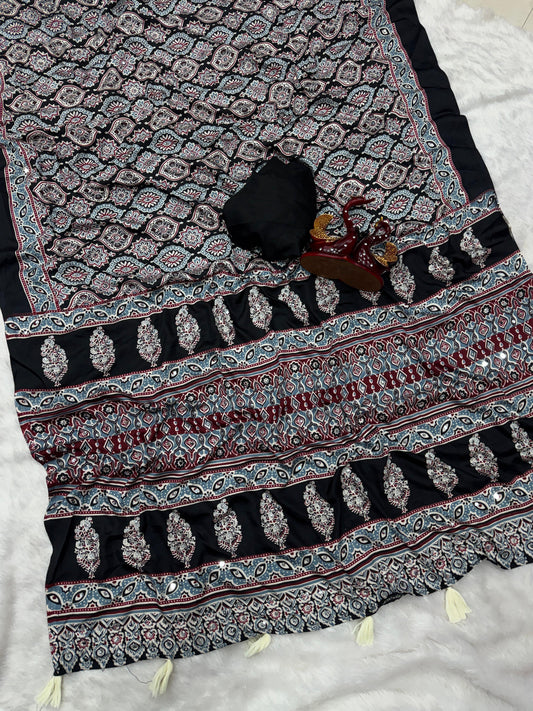 Soft Crepe Silk Saree with Beautiful Ajrakh Print & Real Mirror Work