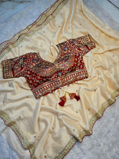 Rangoli Silk Saree with Beautiful Embroidery Work & Contrast Stitched Blouse