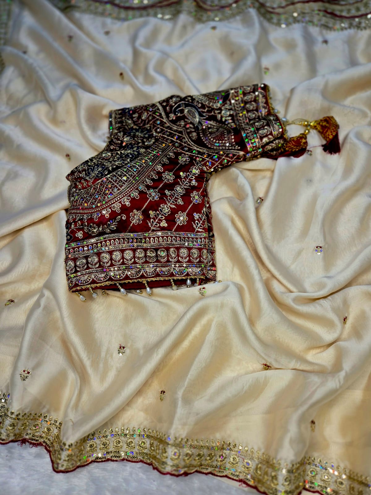 Rangoli Silk Saree with Beautiful Embroidery Work & Contrast Stitched Blouse