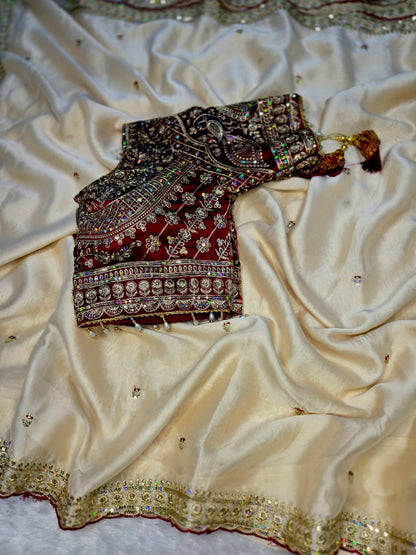 Rangoli Silk Saree with Beautiful Embroidery Work & Contrast Stitched Blouse