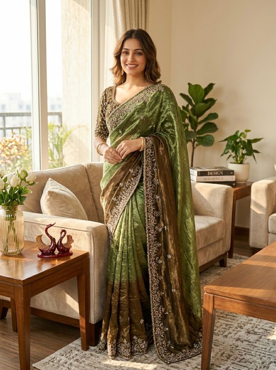 Luxury Fox Georgette Saree with Katdana & Real Mirror Handwork