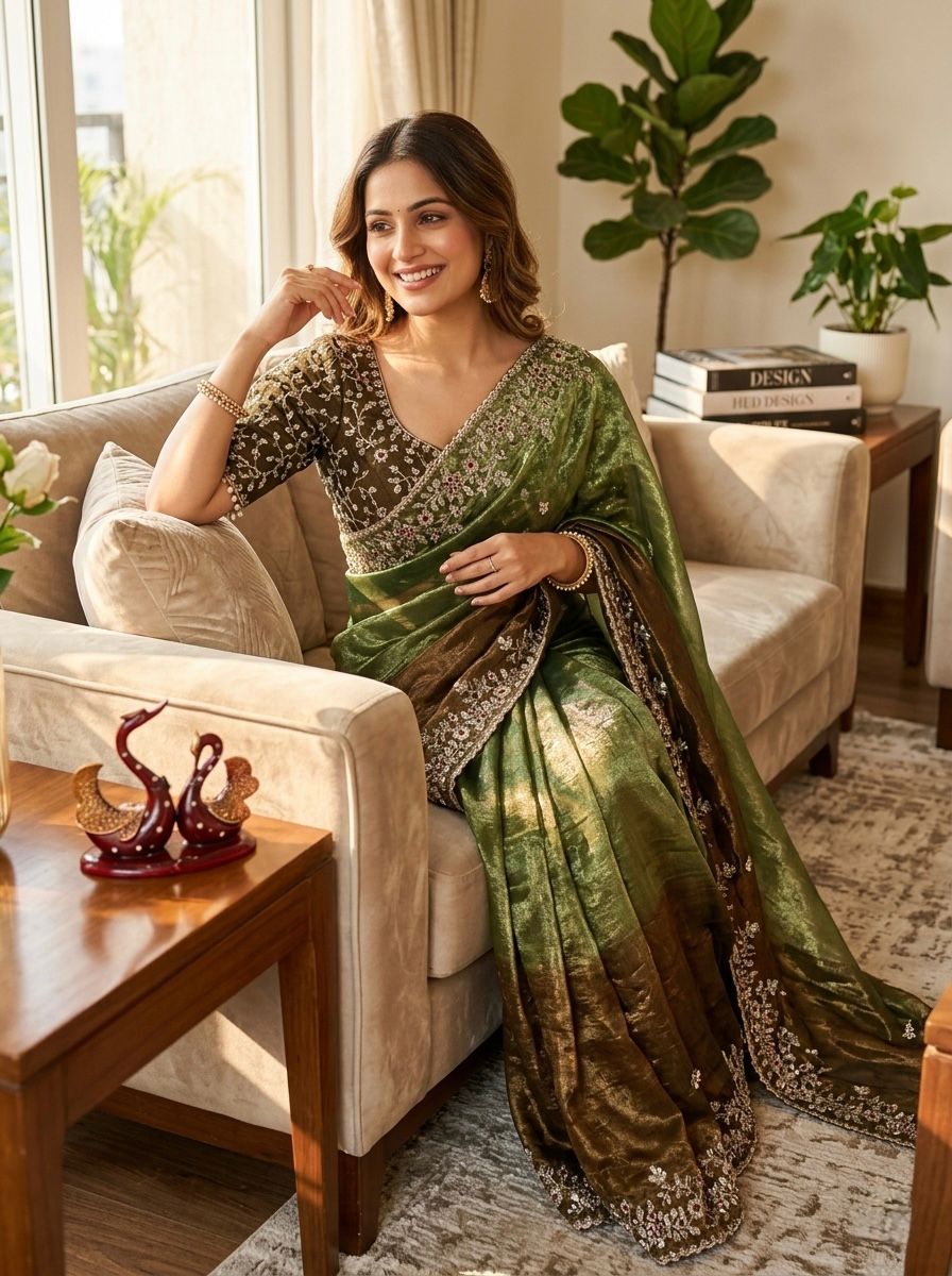 Luxury Fox Georgette Saree with Katdana & Real Mirror Handwork