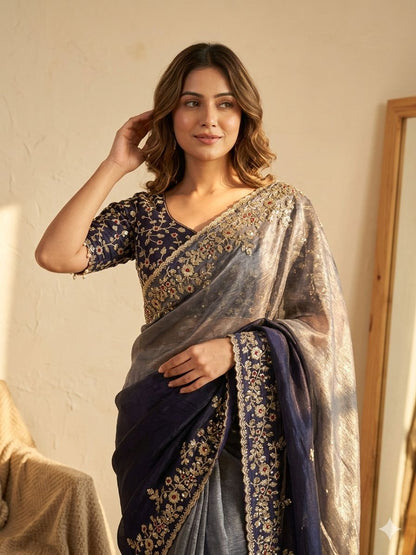 Luxury Fox Georgette Saree with Katdana & Real Mirror Handwork