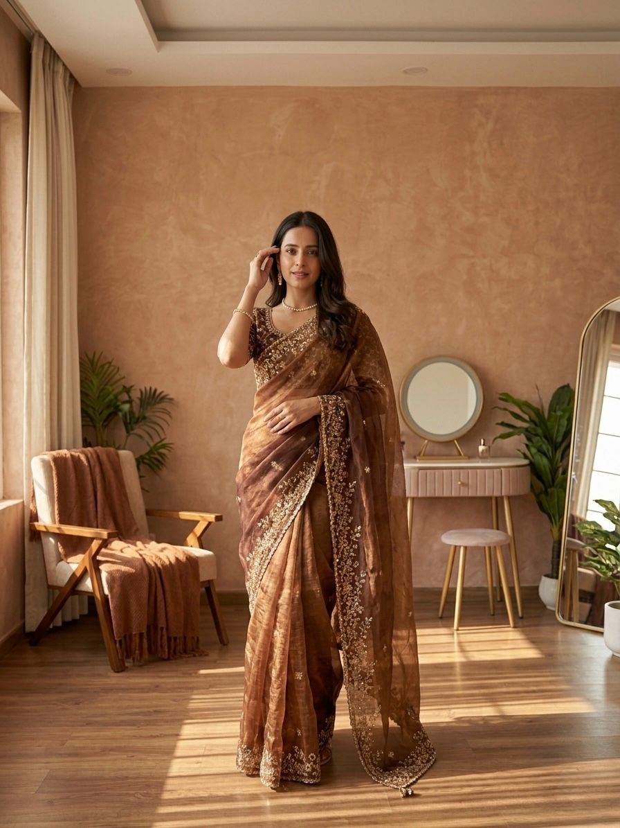 Luxury Fox Georgette Saree with Katdana & Real Mirror Handwork