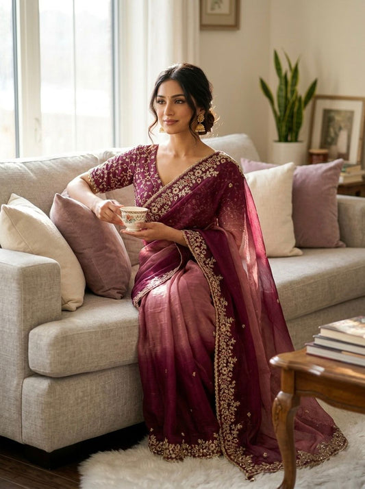 Luxury Fox Georgette Saree with Katdana & Real Mirror Handwork