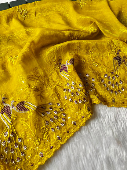 Crunchy Chiffon Crush Silk Saree with Beautiful Embroidery & Scalloped Cut Work Border