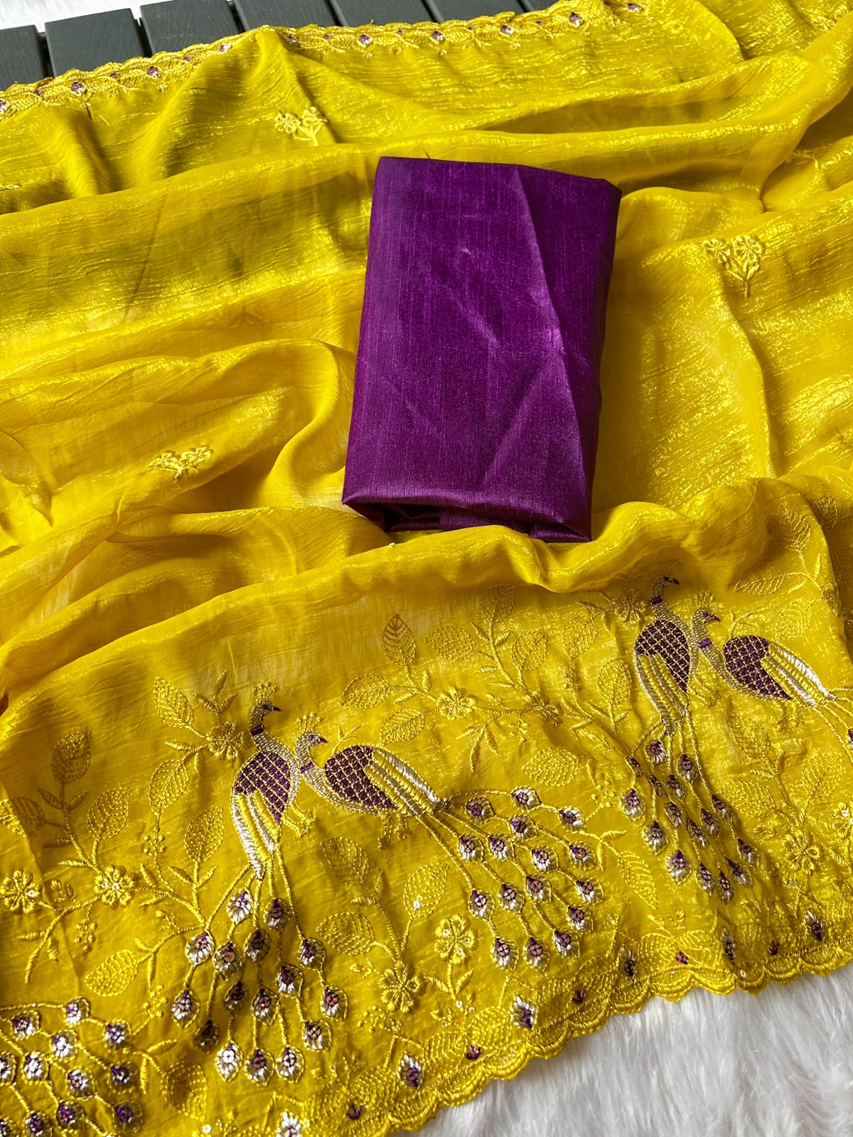 Crunchy Chiffon Crush Silk Saree with Beautiful Embroidery & Scalloped Cut Work Border