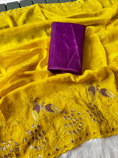 Crunchy Chiffon Crush Silk Saree with Beautiful Embroidery & Scalloped Cut Work Border