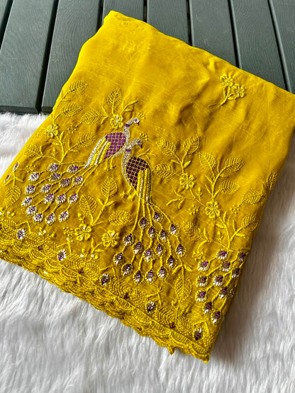 Crunchy Chiffon Crush Silk Saree with Beautiful Embroidery & Scalloped Cut Work Border