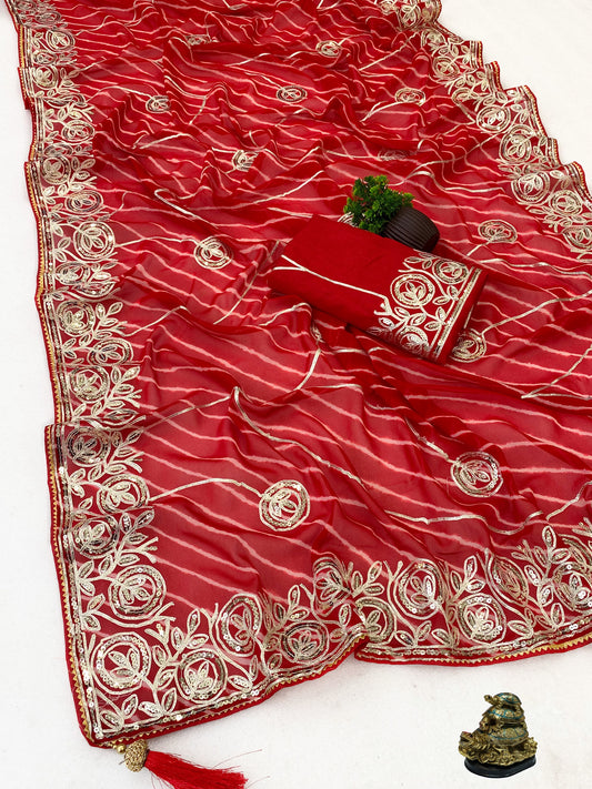 Premium Soft C.C. Georgette Lehriya Silk Saree with Traditional Ribbon Design