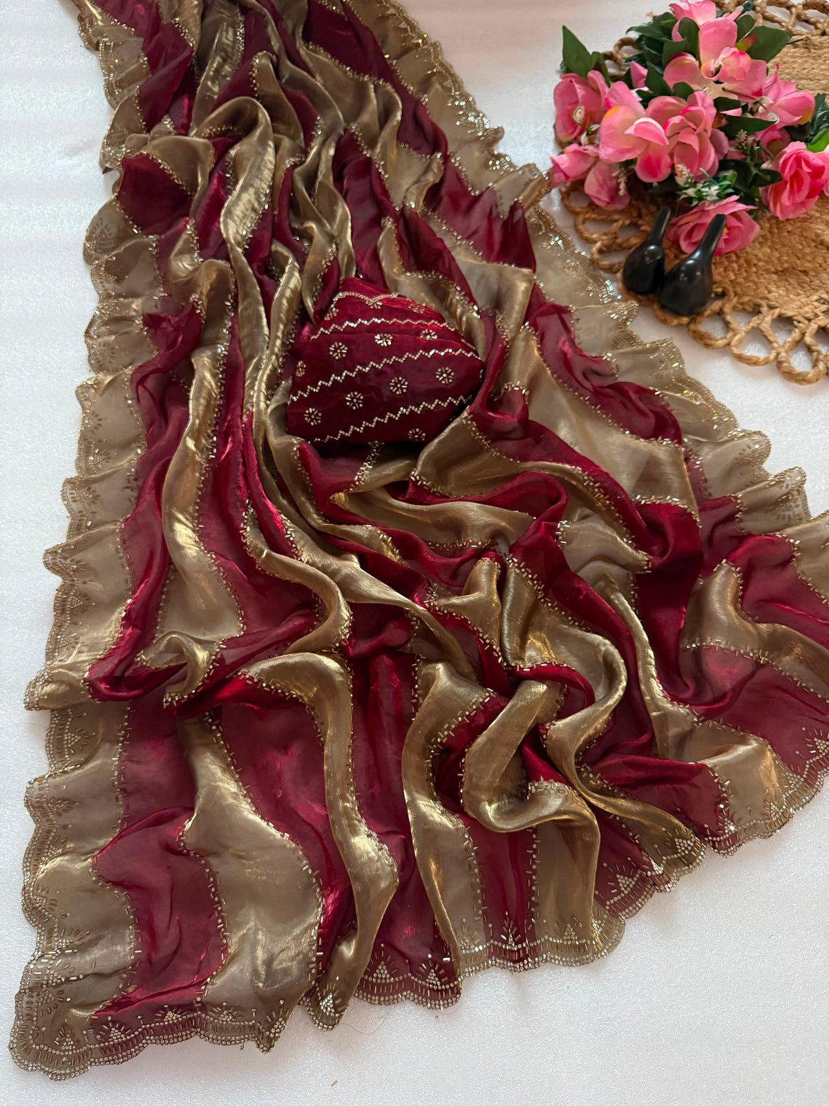 Premium Soft Silk Blooming Saree with Jarkhan & Swarovski Work | Designer Party Wear Saree ✨