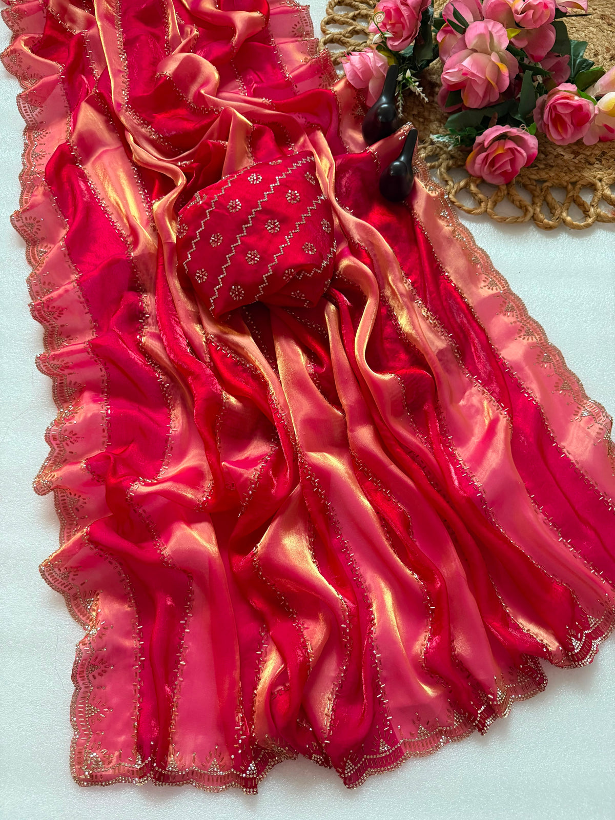 Premium Soft Silk Blooming Saree with Jarkhan & Swarovski Work | Designer Party Wear Saree ✨