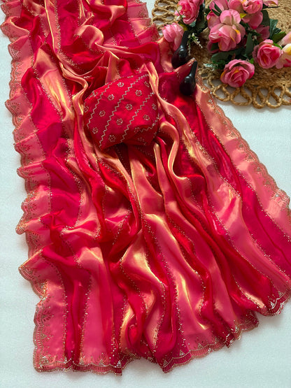 Premium Soft Silk Blooming Saree with Jarkhan & Swarovski Work | Designer Party Wear Saree ✨