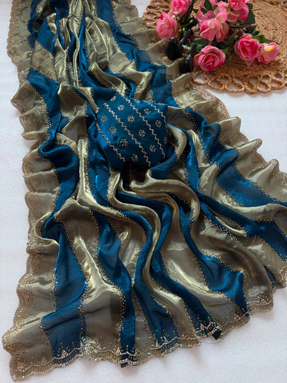 Premium Soft Silk Blooming Saree with Jarkhan & Swarovski Work | Designer Party Wear Saree ✨