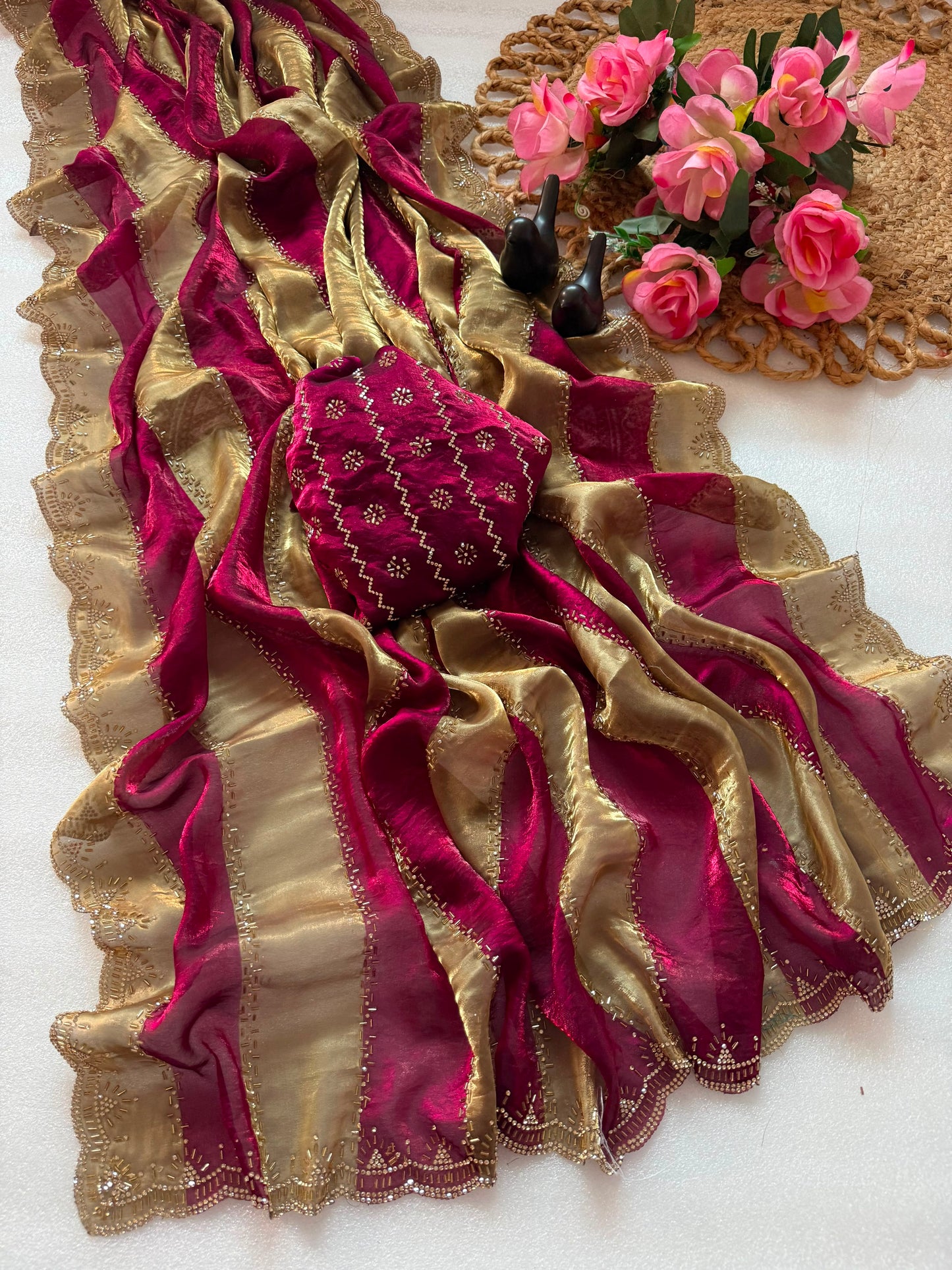 Premium Soft Silk Blooming Saree with Jarkhan & Swarovski Work | Designer Party Wear Saree ✨