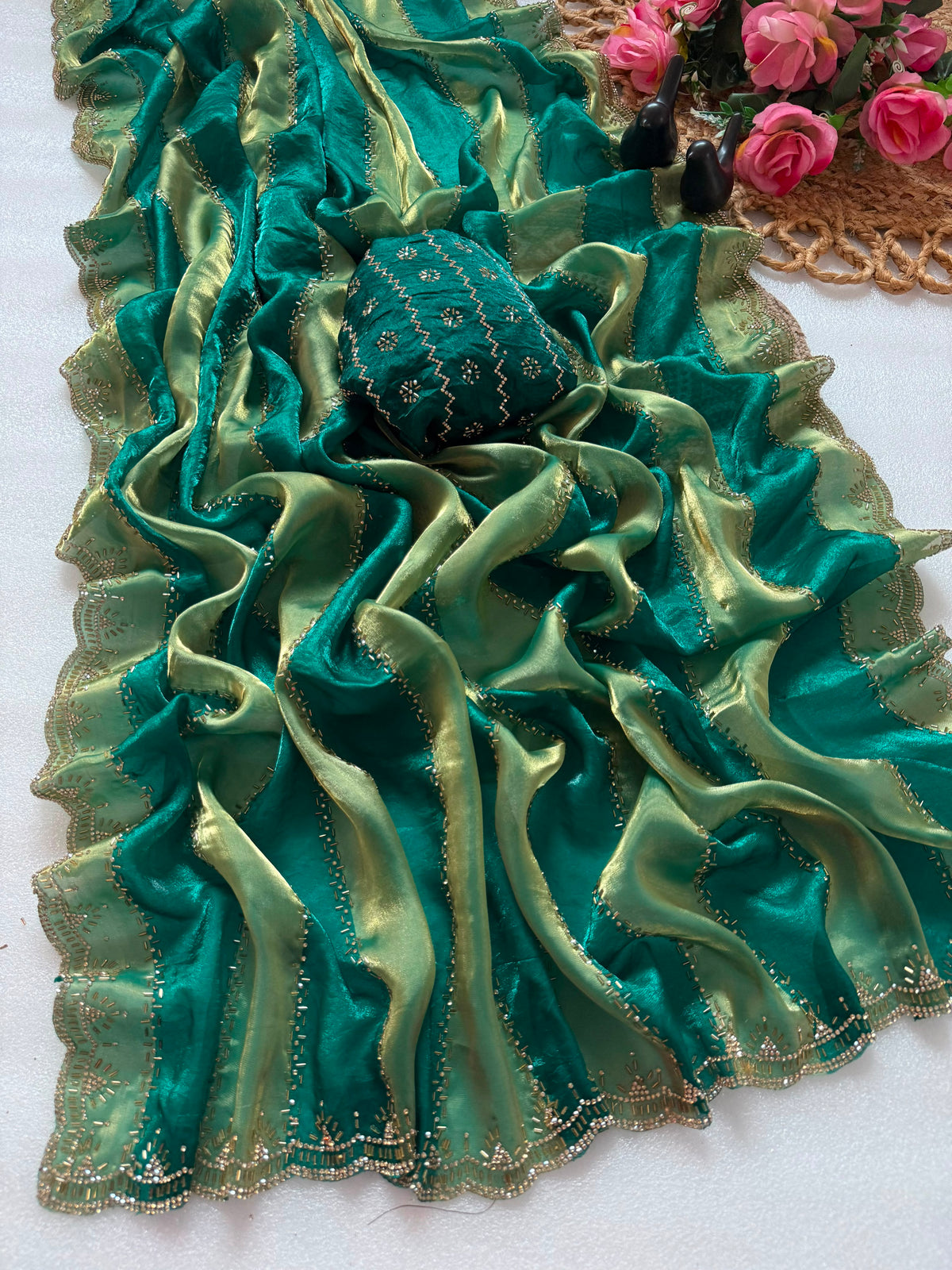 Premium Soft Silk Blooming Saree with Jarkhan & Swarovski Work | Designer Party Wear Saree ✨