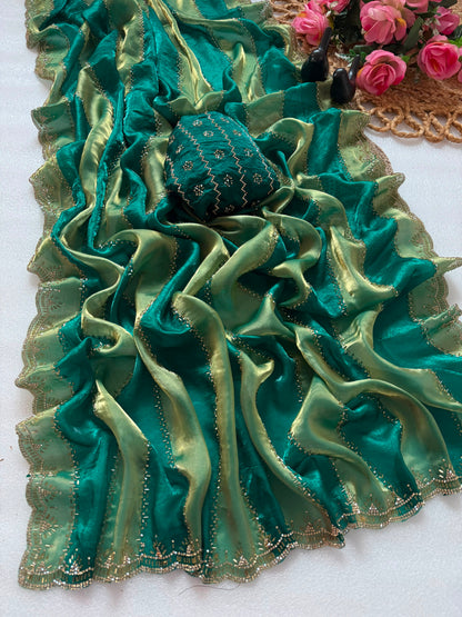Premium Soft Silk Blooming Saree with Jarkhan & Swarovski Work | Designer Party Wear Saree ✨