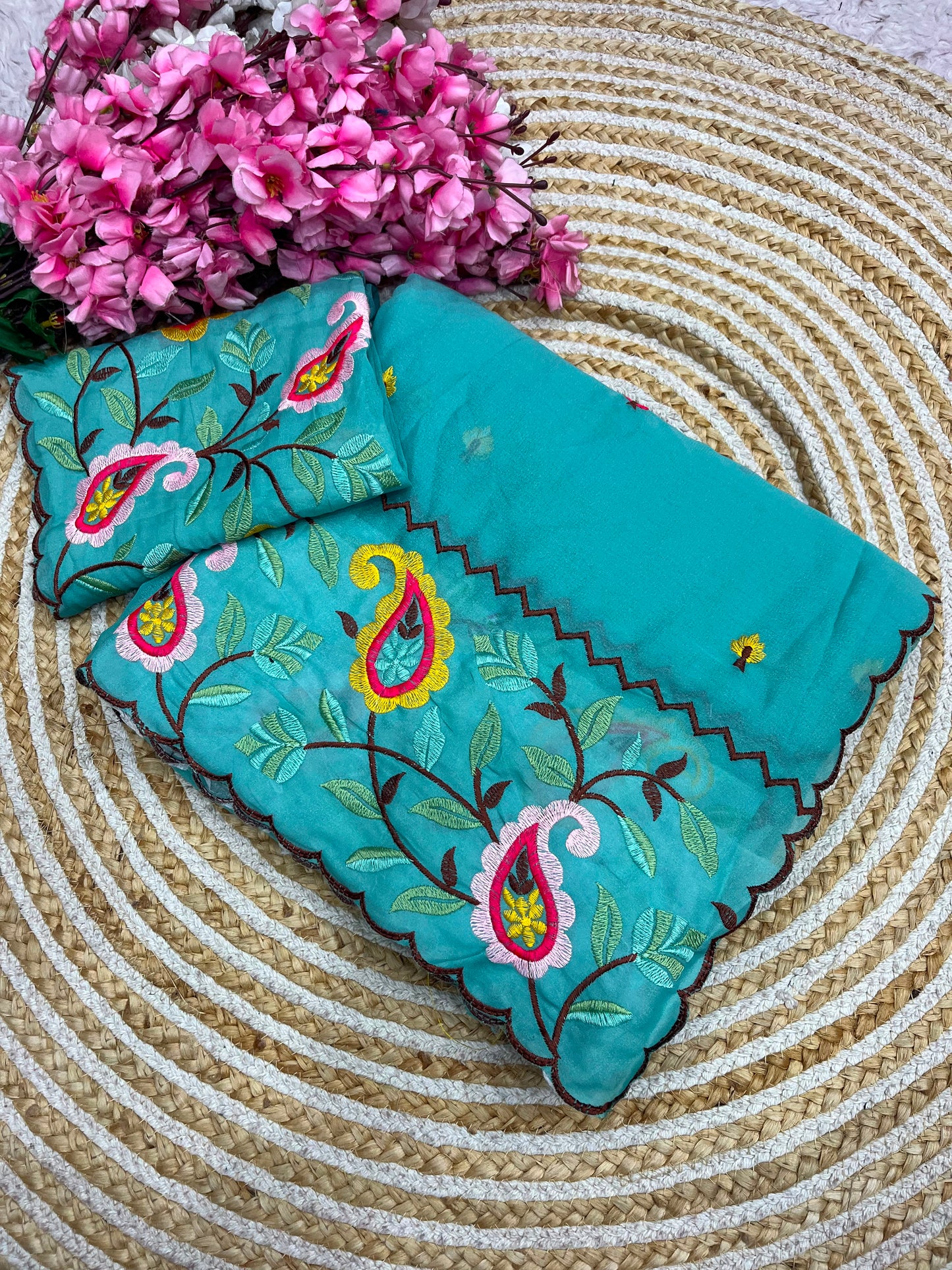 Beautiful Multi Embroidery Panel Work Saree with All-Over Arco Border