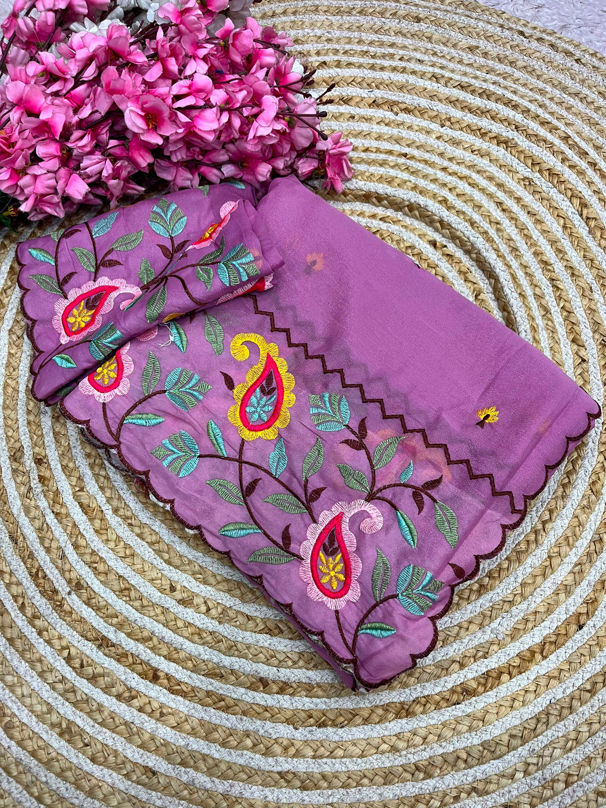Beautiful Multi Embroidery Panel Work Saree with All-Over Arco Border
