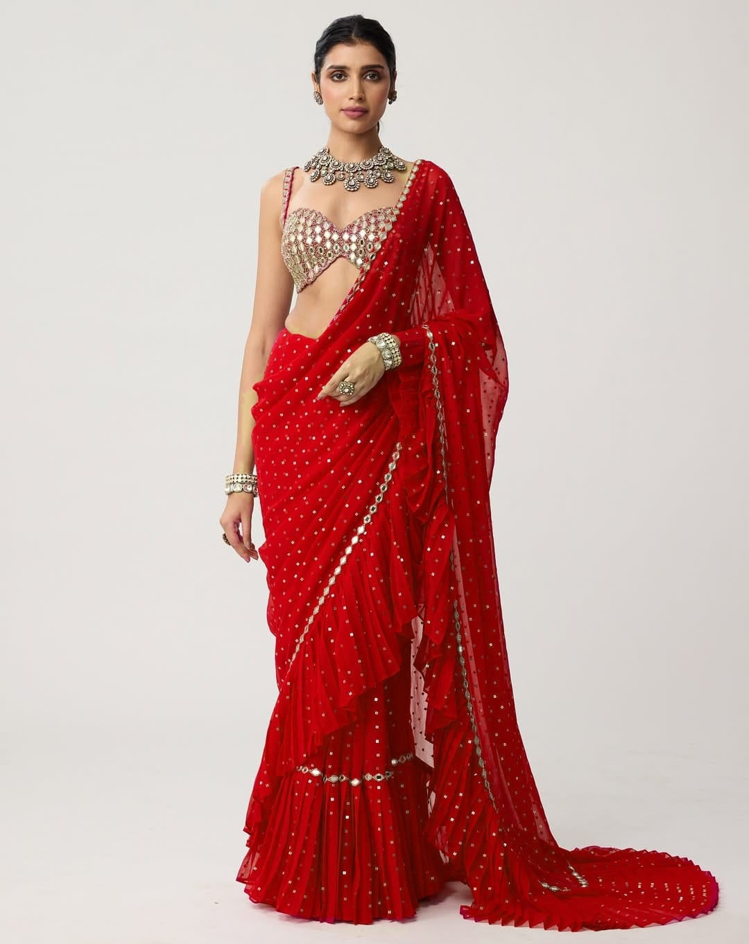 Premium Sequins Crush Pleated Saree – New Designer Collection