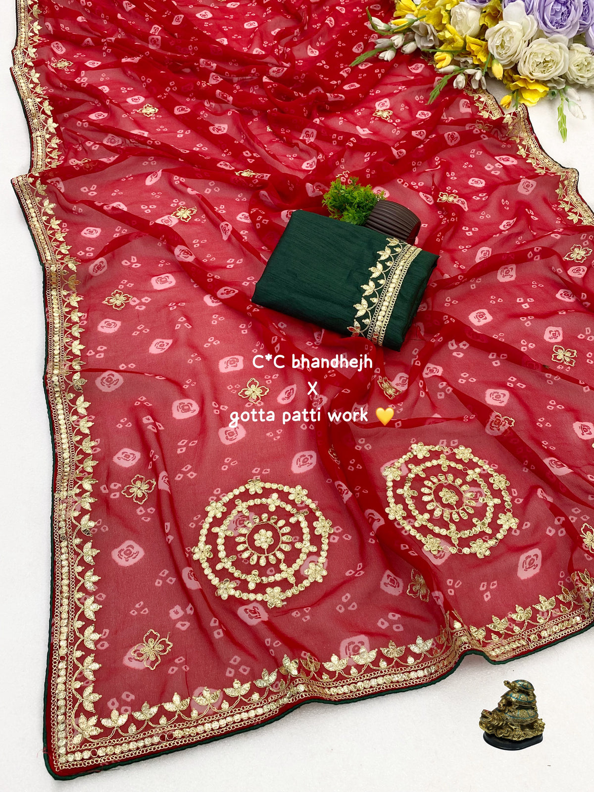 Heavy Pure Georgette Bandhani Print Saree with Beautiful C-Pallu Gota Work