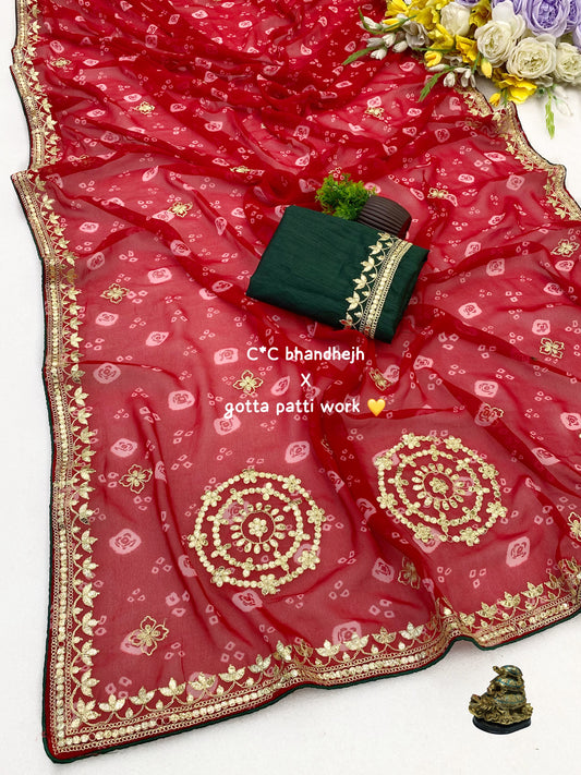Heavy Pure Georgette Bandhani Print Saree with Beautiful C-Pallu Gota Work