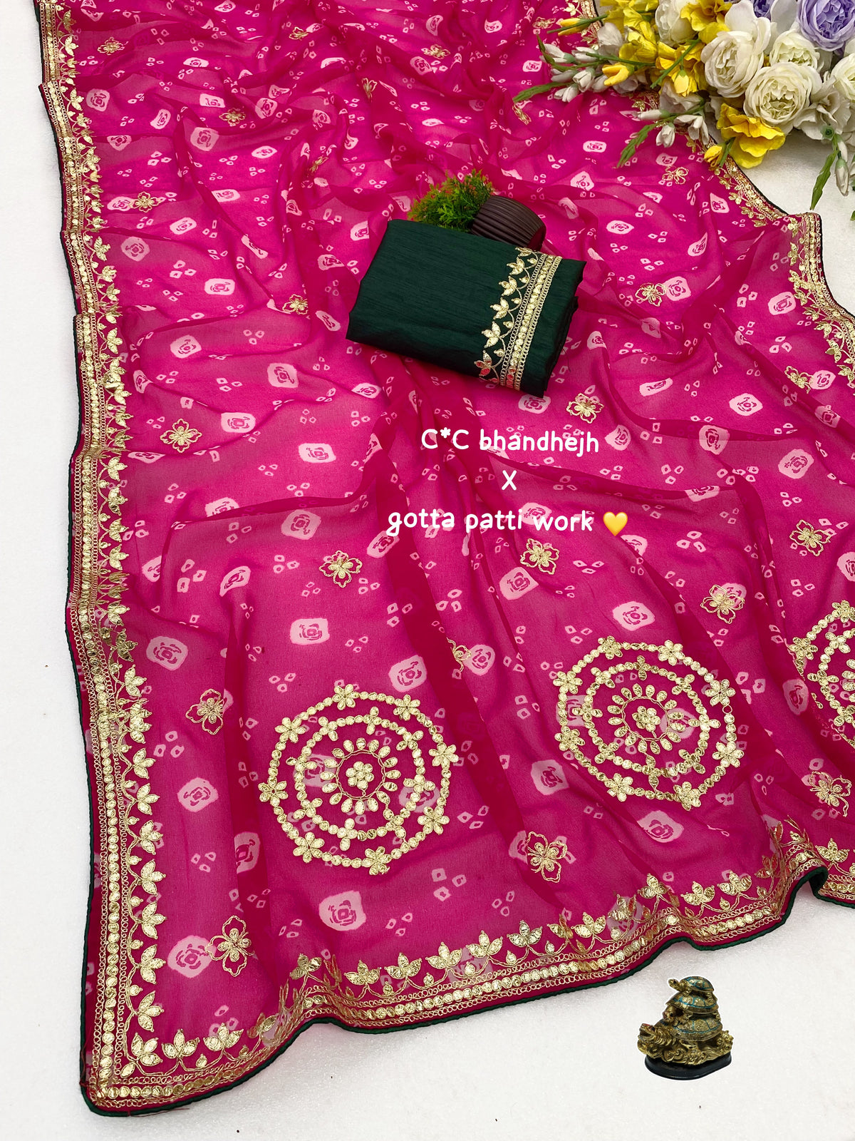 Heavy Pure Georgette Bandhani Print Saree with Beautiful C-Pallu Gota Work