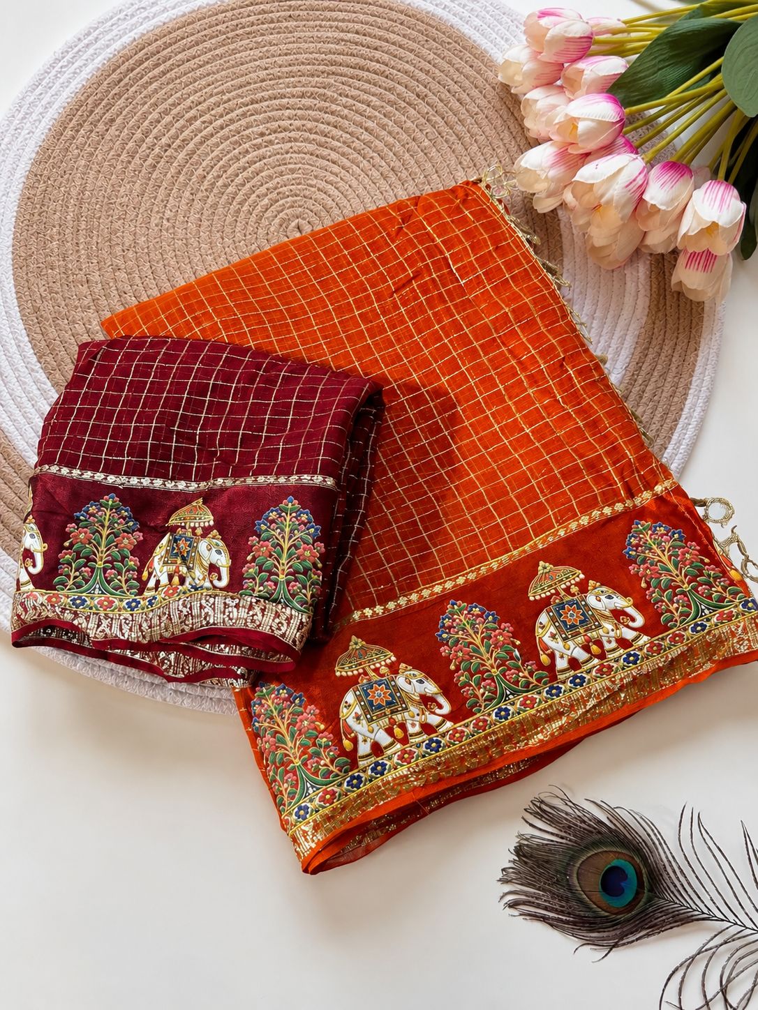 Premium Viscose Checks Saree with Golden Zari Satin Border & White Elephant Chhatra Design