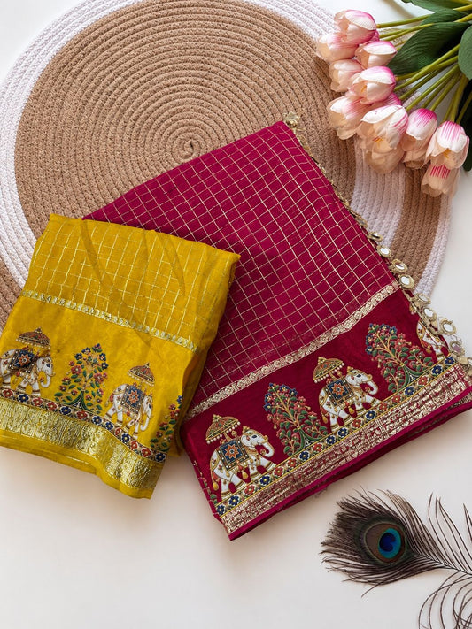 Premium Viscose Checks Saree with Golden Zari Satin Border & White Elephant Chhatra Design