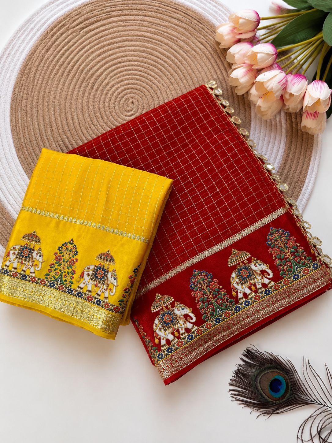Premium Viscose Checks Saree with Golden Zari Satin Border & White Elephant Chhatra Design