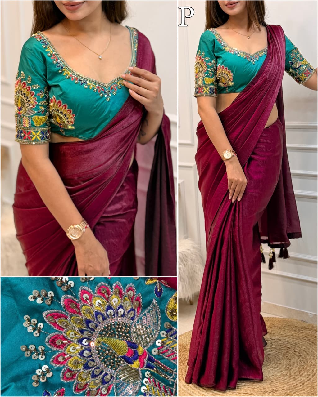 Luxury Dual Shade Designer Saree with Premium Beads Work Blouse