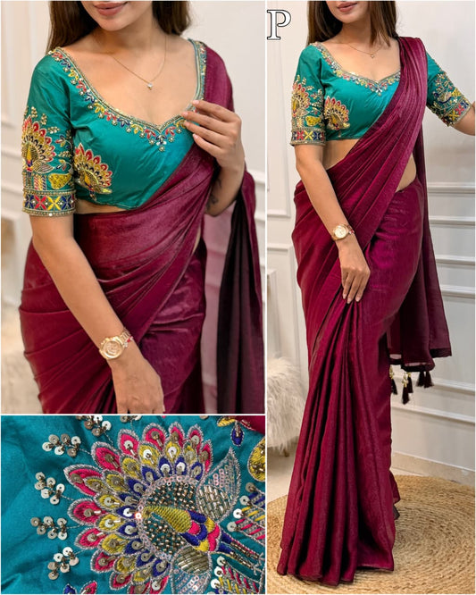 Luxury Dual Shade Designer Saree with Premium Beads Work Blouse