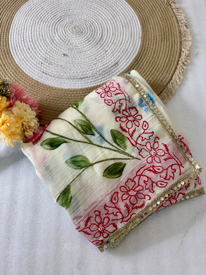Crunchy Soft Crush Saree | Brush & Block Print with Khatli Handwork & Lace Border