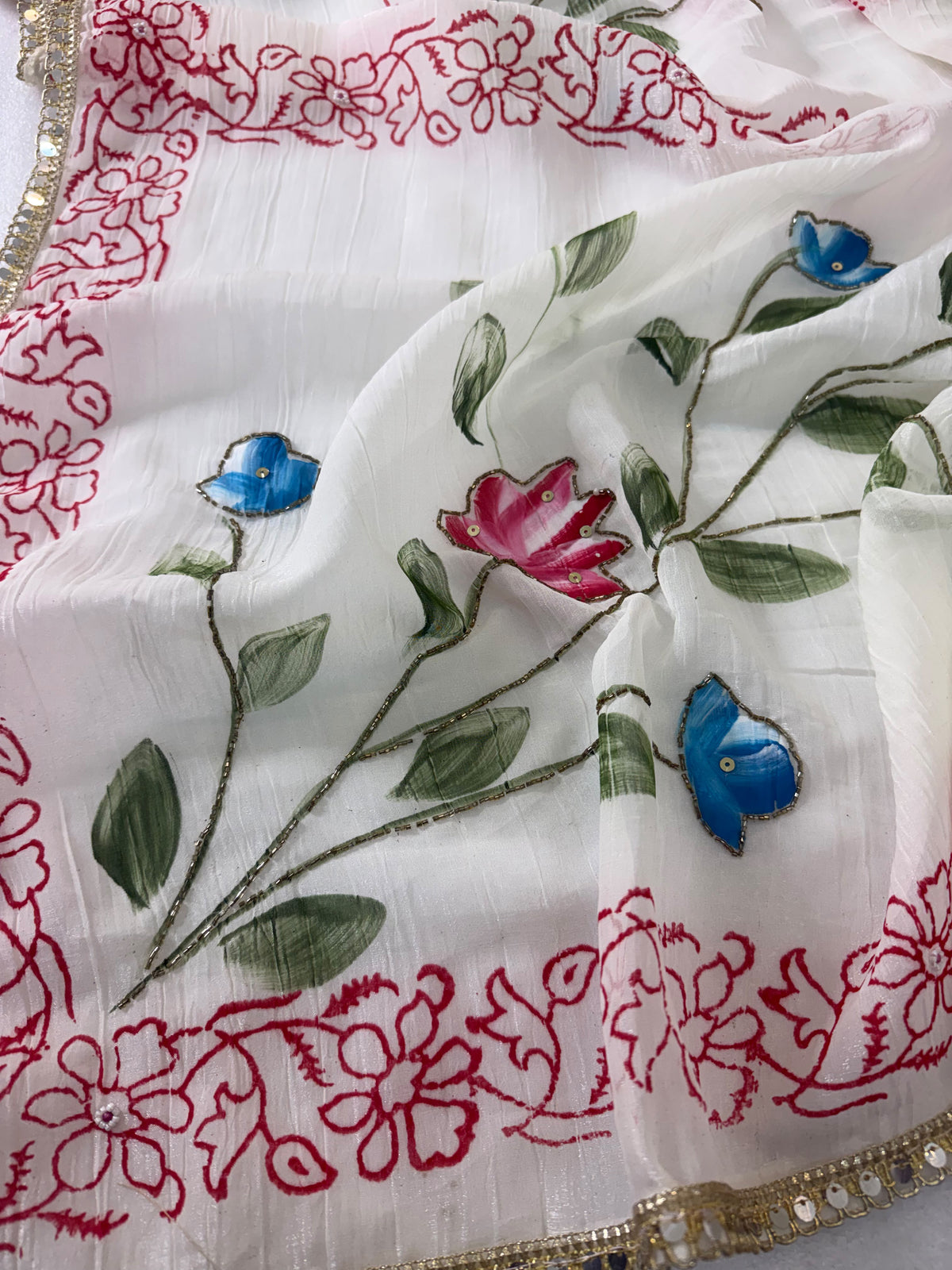 Crunchy Soft Crush Saree | Brush & Block Print with Khatli Handwork & Lace Border