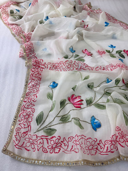 Crunchy Soft Crush Saree | Brush & Block Print with Khatli Handwork & Lace Border