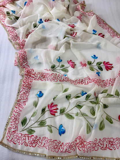 Crunchy Soft Crush Saree | Brush & Block Print with Khatli Handwork & Lace Border