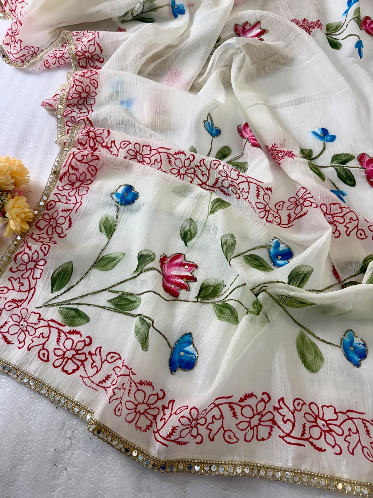 Crunchy Soft Crush Saree | Brush & Block Print with Khatli Handwork & Lace Border
