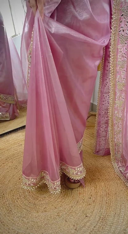 Silver Tissue Silk  Designer Embroidery Work of  Sequence